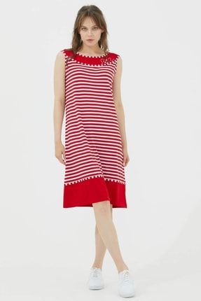 Kayık Yaka Kolsuz Çizgili Elbise - Kırmızı 21Y2206-77343.0001-R1800