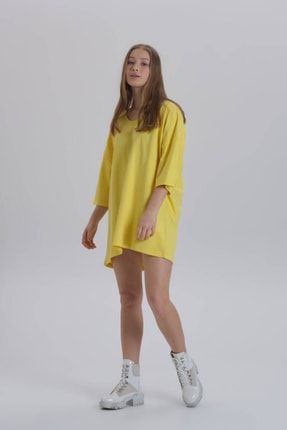 Sarı Kadın Sırt Baskı Detay Oversize T-shirt Elbise 210079