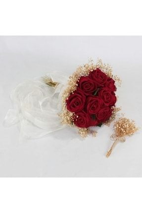 Kırmızı Kadife Gül Şoklanmış Cipsolu Gelin Buketi Gelin Çiçeği Damat Yaka Çiçeği Kırmızı Gül Şoklanmış Cipso Gelin Buketi