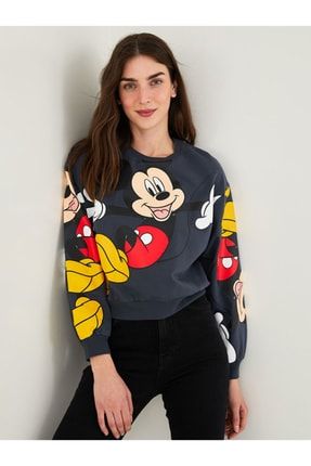 Xsıde Bisiklet Yaka Mickey Mouse Baskılı Uzun Kollu Pamuklu Kadın Sweatshirt W1J787Z8 - RFL - Antrasit