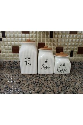 3 Boy Porselen Bambu Kapaklı Çay Kahve Şeker Kavanozu Ve 3 Adet Suya Dayanıklı Şeffaf Etiket 873678368736