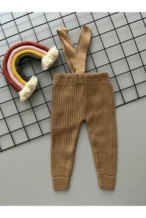 Toprak Rengi Yüksek Bel Önden Çapraz Askılı Ayarlanabilir Fitilli Bebek Triko Tayt Pantolon caprazaskılı01