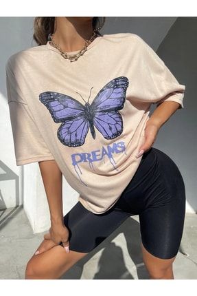 Kadın Bej Dream Kelebek Oversize T-shirt T-Shirt-DreamKelebek