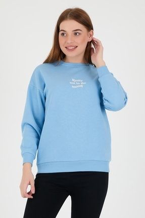 Kadın Oversize Yazı Baskılı 3 Iplik Sweatshirt Mavi 288PLST