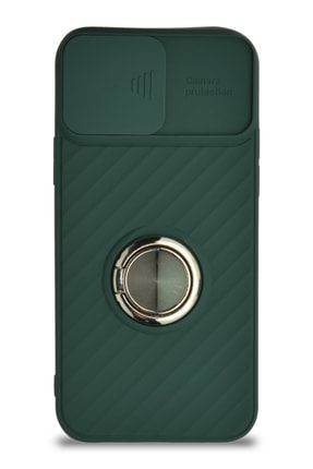 Iphone 12 Uyumlu Kapak Kamera Korumalı Yüzüklü Pastel Silikon Kılıf - Koyu Yeşil CA_RİNGO_İP12
