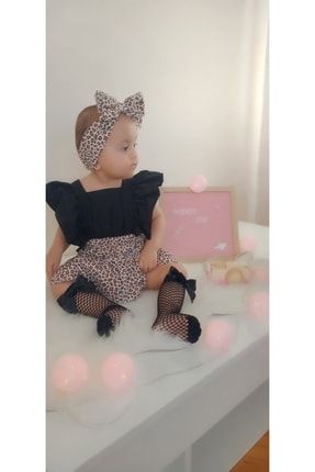 Kız Bebek Leopar Salopet Elbise Bandanalı Takım 727372