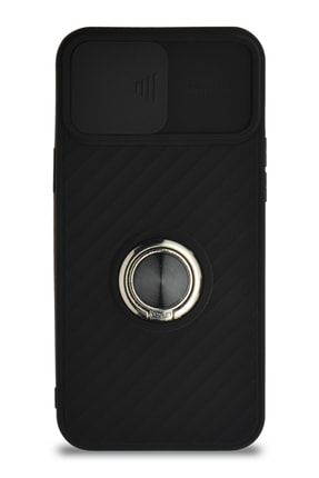 Iphone 12 Pro Uyumlu Kapak Kamera Korumalı Yüzüklü Pastel Silikon Kılıf - Siyah KZY_RİNGO_İP12PRO