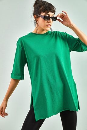 Kadın Kol Katlamalı Yan Yırtmaçlı Basic Tshirt 30701065