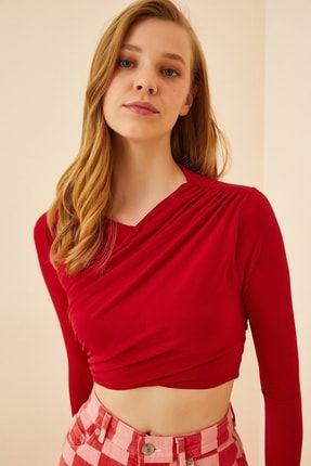 Kadın Canlı Kırmızı Pliseli Crop Örme Bluz 00100