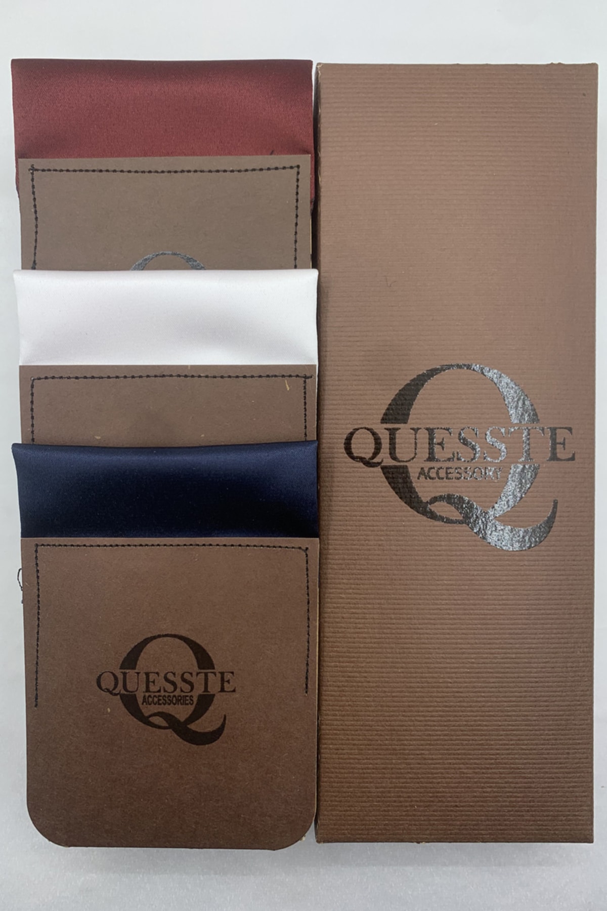 Quesste Accessory Erkek Bordo Beyaz Lacivert Hazır Katlanmış 3 Lü Set Cep Yaka Mendili