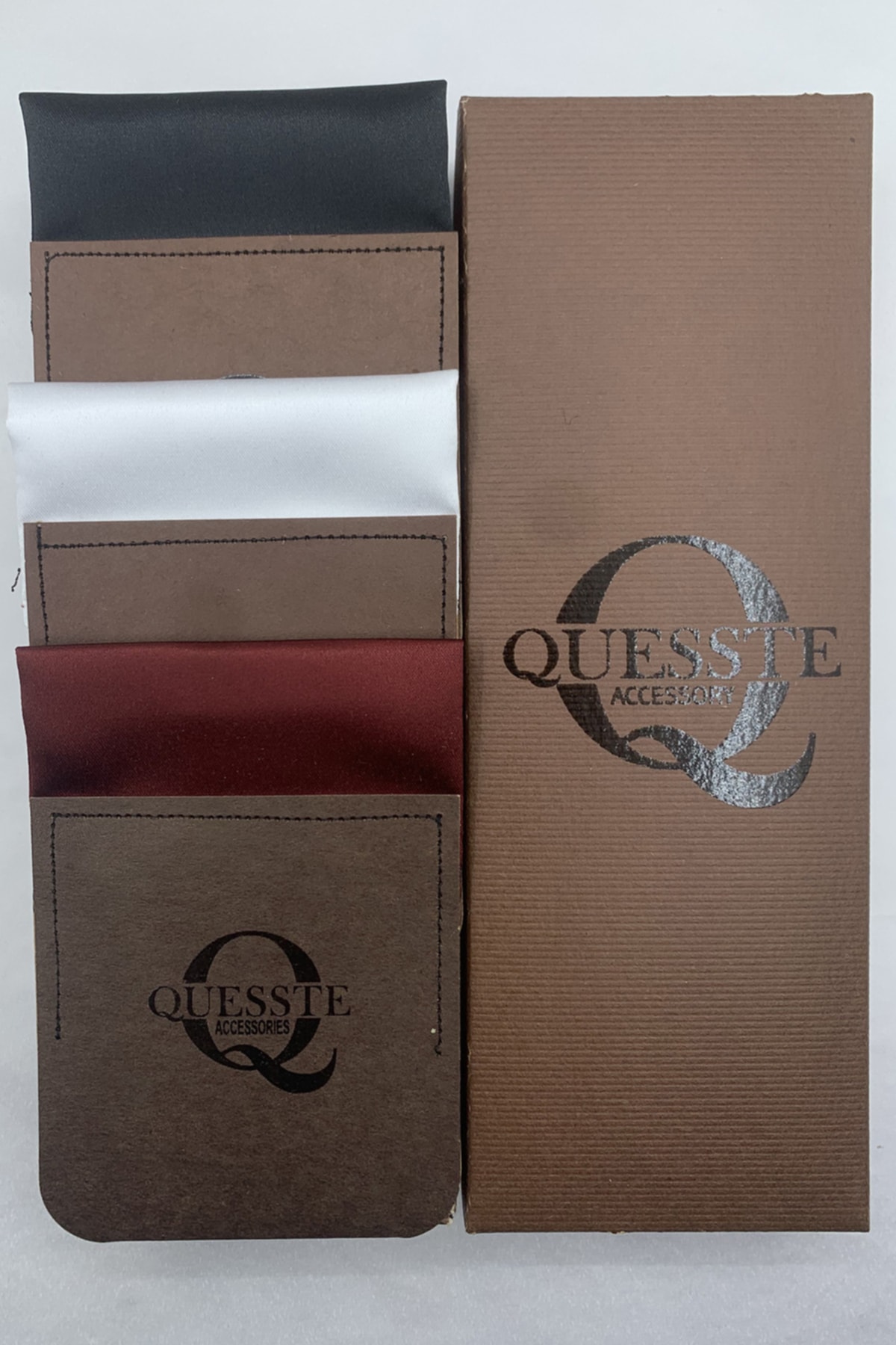 Quesste Accessory Erkek Siyah Beyaz Bordo Hazır Katlanmış 3 lü  Set Cep Yaka Mendili
