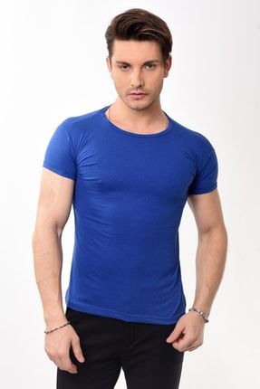 Erkek Slim Fit Basic Bisiklet Yaka Kısa Kollu T-shirt Tişört Saks Mavisi BLF-BIS-TSHRT