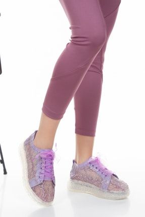 Kadın Lila Renk Spor Ayakkabı Dantel Işlemeli Bayan Yazlık Spor Ayakkabı Rengarenk1
