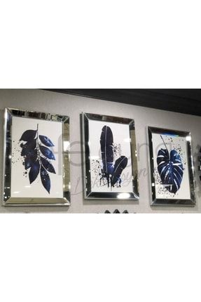 Mavi Yapraklar 3'lü Gümüş Ayna Tablo Seti-60x90 MAVI-3TABLO-G