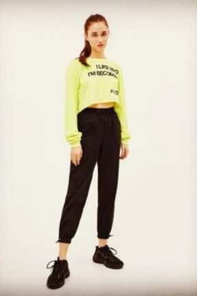 Kadın Neon Yeşil Penye Kumaş Baskılı Crop Top Bluz 21s-100343bluz