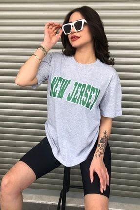 Oversize Gri New Jersey Baskılı Kadın T-shirt newjerseytsh