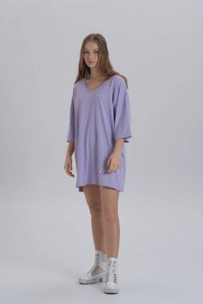 Lila Kadın Sırt Baskı Detay Oversize T-shirt Elbise 210079