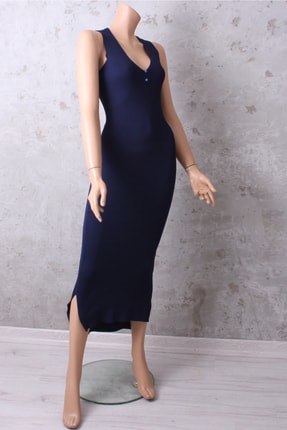 Triko Lacivert V Yaka Sıfır Kol Elbise tt00120124