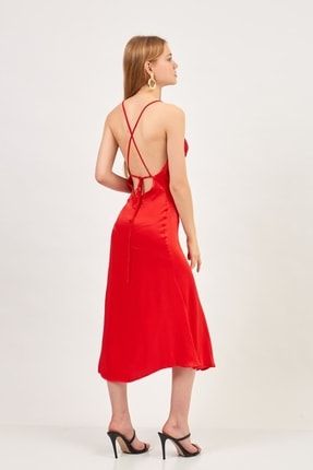 Kadın Kırmızı Sırtı Çapraz Degaje Yaka Saten Elbise MAK2054