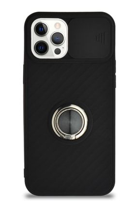 Iphone 12 Pro Max Uyumlu Kapak Kamera Korumalı Yüzüklü Pastel Silikon Kılıf - Siyah CW_RİNGO_İP12PMX