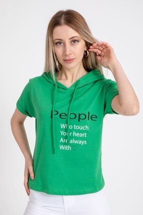 Kadın Kapüşonlu People Baskılı Benetton T-shirt 20560