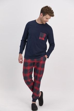 Ekoseli Lacivert Kırmızı Erkek Uzun Kol Pijama Takımı AR1572-S