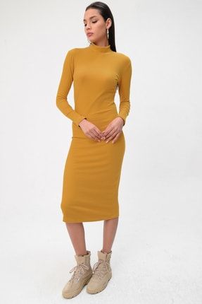 Kadın Kaşkorse Balıkçı Yaka Hardal Sarısı Elbise TES00045