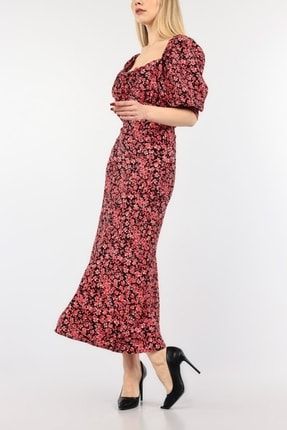Kadın Kırmızı Çiçek Desenli Yırtmaçlı Truvakar Balon Kol Yaka Detay Elbise LOOK-92226