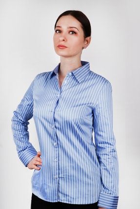 %100 Pamuk Saten Ipek Görünümlü Slim Fit Mavi Çizgili Kadın Gömlek Vita DA2006054003vita