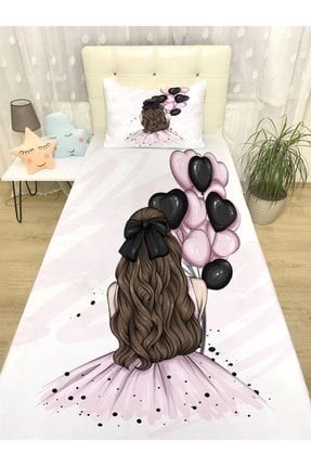 Pembe Balonlu Ve Elbiseli Kız Desenli Yatak Örtüsü evortu1335
