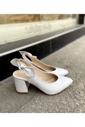 Beyaz Cilt 6 Cm Topuklu Fiyonklu Ayakkabı0222