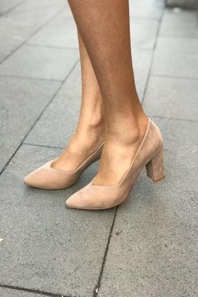Kadın Ten Süet Nubuk Kadife Kalın Topuklu Stiletto Ayakkabı A0205