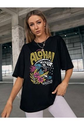 Unisex Oversize Siyah Aloha Tshirt Aloha1