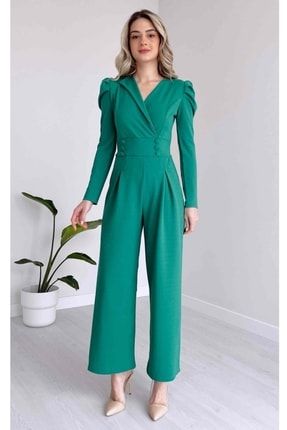 Esnek Kumaş Düğme Detaylı Geniş Paça Uzun Kollu Yeşil Abiye Tulum & Mezuniyet Elbisesi 029 BS-DKS-029