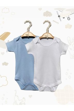 Erkek Bebek Kıyafetleri 2li Mavi Beyaz Çıtçıtlı Body Giyim Organik %100 Bloomberg Pamuklu BWBS05