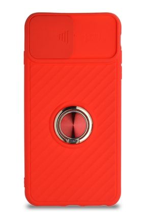 Iphone 7 Plus Uyumlu Kapak Kamera Korumalı Yüzüklü Pastel Silikon Kılıf - Kırmızı KZY_RİNGO_İP7PLS