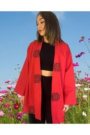 Kırmızı Hitit Güneşi Baskılı Kimono CASTDR370269
