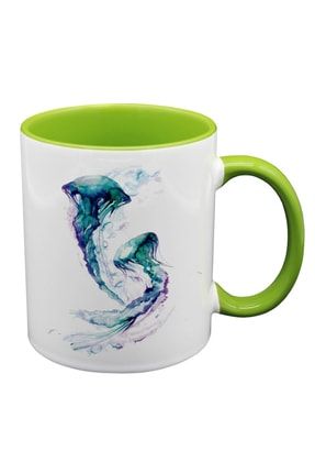 (watercolor Deniz Anası) Tasarımlı Yeşil Renkli Porselen Kupa Bardak Kupa17