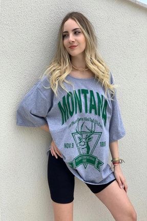 Kadın Gri Montana Baskılı Oversize T-shirt KGMBOT-980-TS