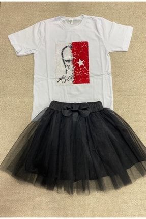 Kız Çocuk Atatürk Ve Bayrak Çift Taraflı T-shirt Ve Siyah Hayal Tütü Etek 351