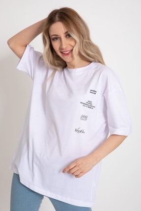 Kadın Oversize Arkası Akrep Baskılı Beyaz T-Shirt 4547