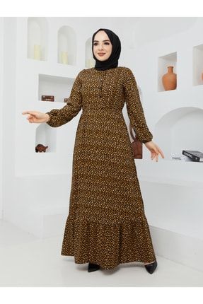Kadın Modest Basic Pamuklu Viskon Yazlık Papatya Çiçek Desenli Uzun Boy Tesettür Elbise 152