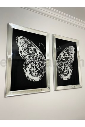 2'li Gümüş Beyaz Kelebek Ayna Tablo Seti BEYAZKLBK-2TABLO-G