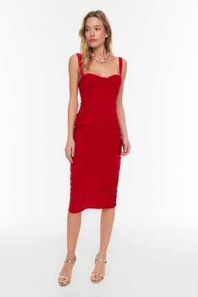 Kırmızı Drape Detaylı Örme Elbise TPRSS22EL2687