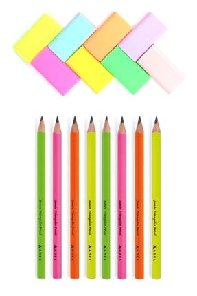 Jumbo Üçgen Kurşun Kalem + 8'li Pastel Silgi Eğlenceli Yeni Tasarım Okul Seti yeniler1