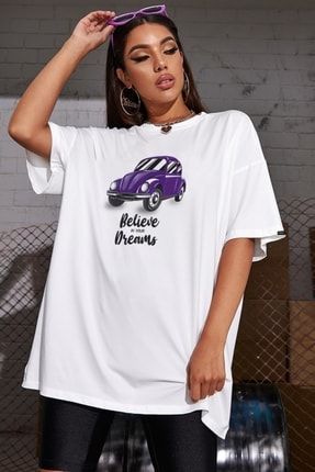 Unisex Beyaz Believe Dreams Araba Logolu Oversize Tshirt