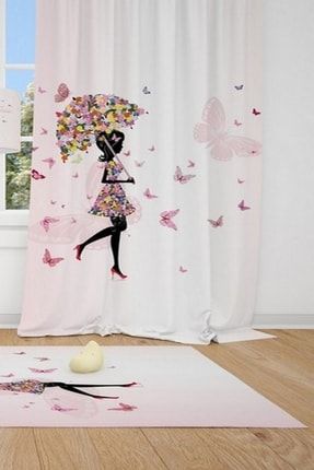 1 Kanat Şemsiye Tutan Kız,kelebek,çiçek Çocuk Bebek Odası Perdesi Fon Perde CFP523