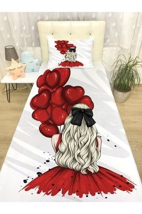 Kırmızı Elbiseli Ve Balonlu Kız Desenli Yatak Örtüsü evortu1337