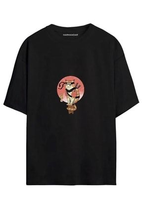 Shinobi Ninja Kedi Baskılı Unisex Siyah Oversize T-shirt ssdsdsds