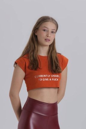 Kiremit Kadın Parlak Baskı Detay Crop T-shirt 112111